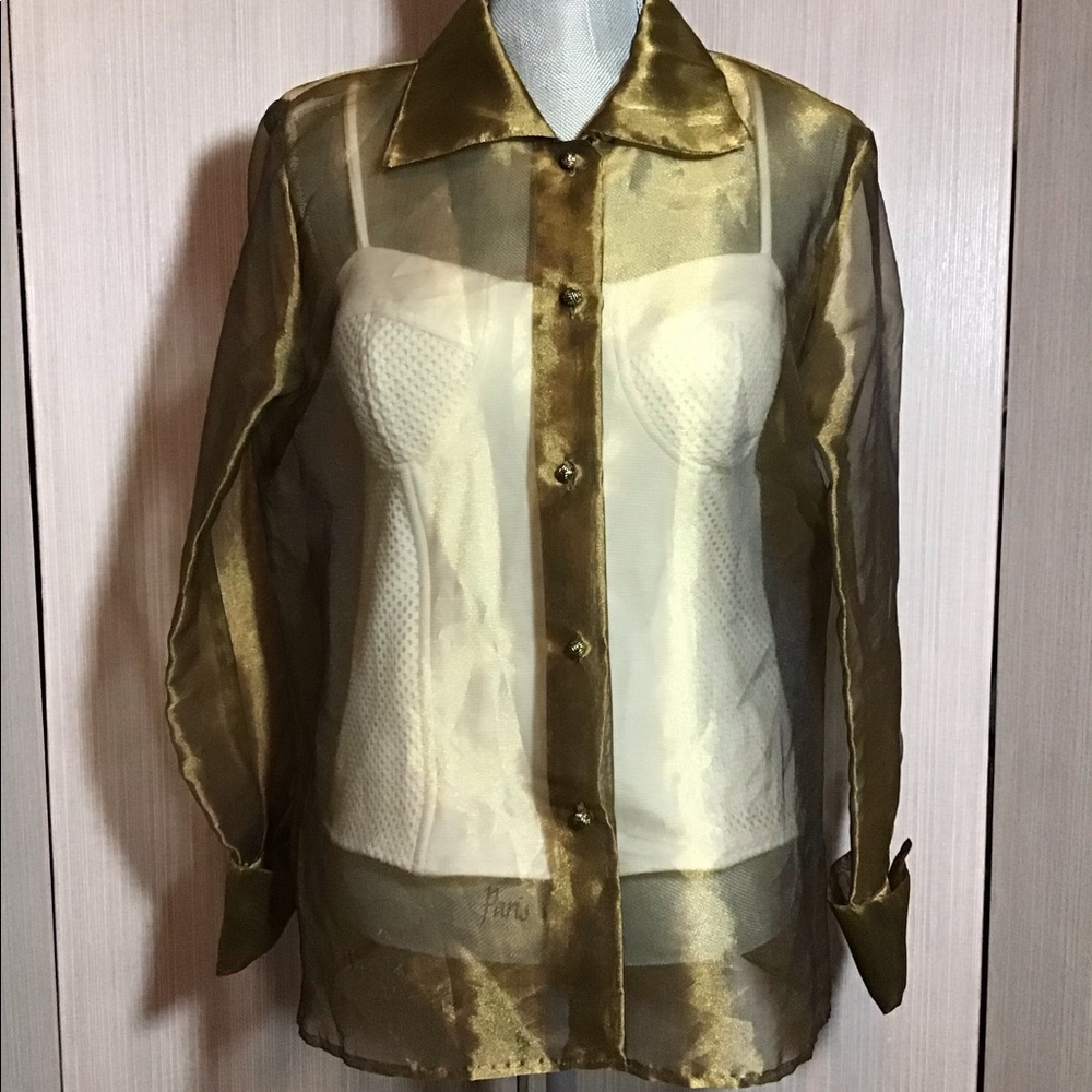 Sheer Metallic Gold Button-Up Blouse - Picture 5 of 6